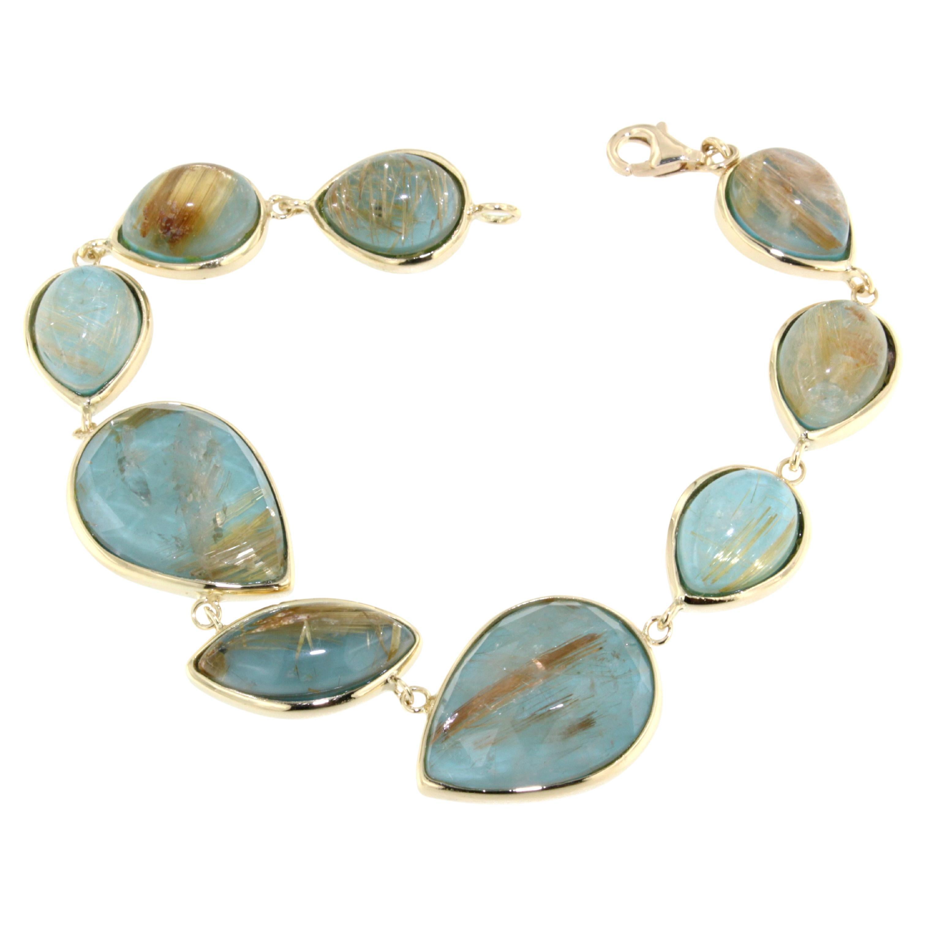 14Kt Yellow Gold with Double Tourquoise Stone Modern Fashion  Bracialet For Sale