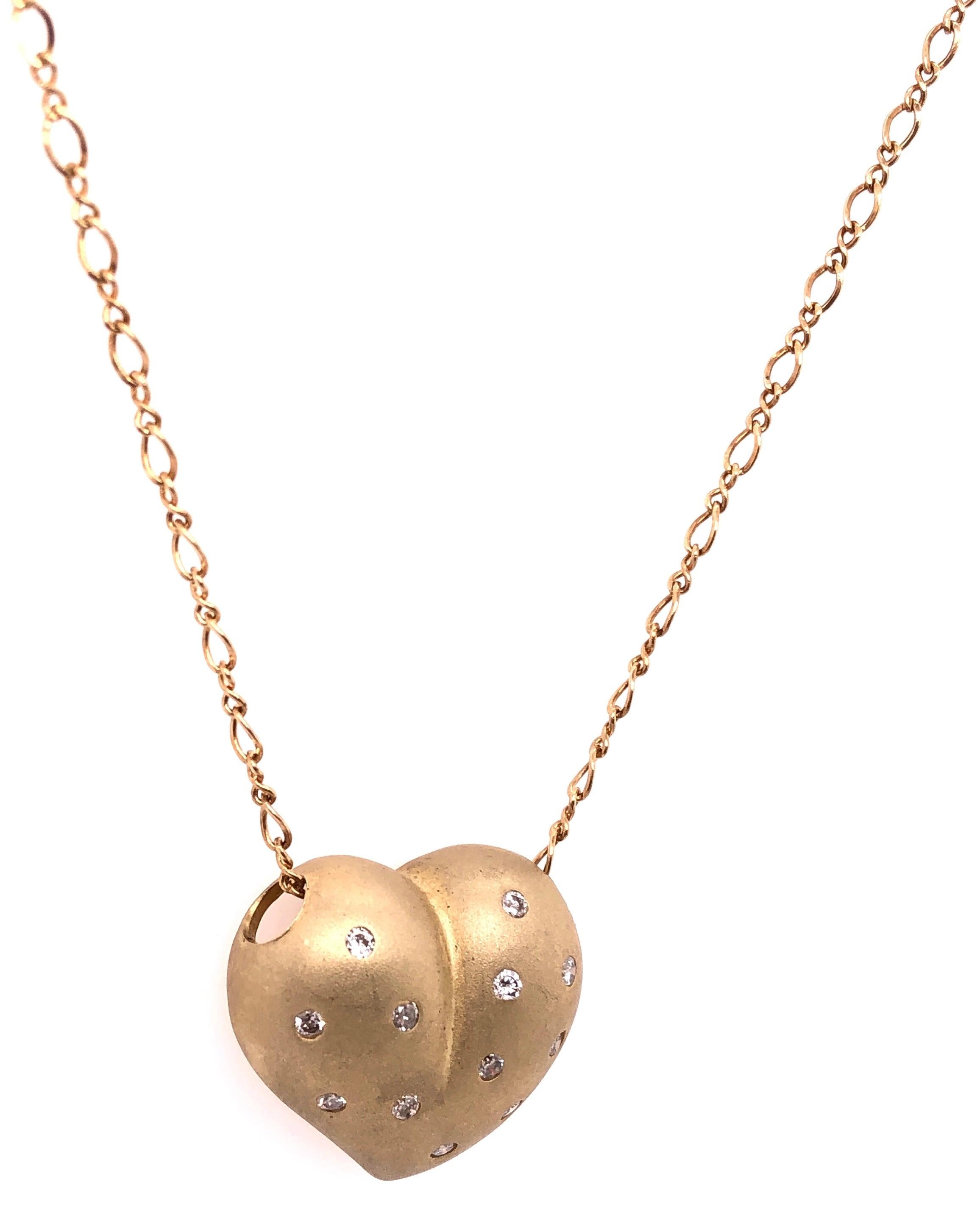 Round Cut 14 Karat Yellow Matte Gold Heart Charm Necklace with Round Diamonds 0.50 TDW For Sale