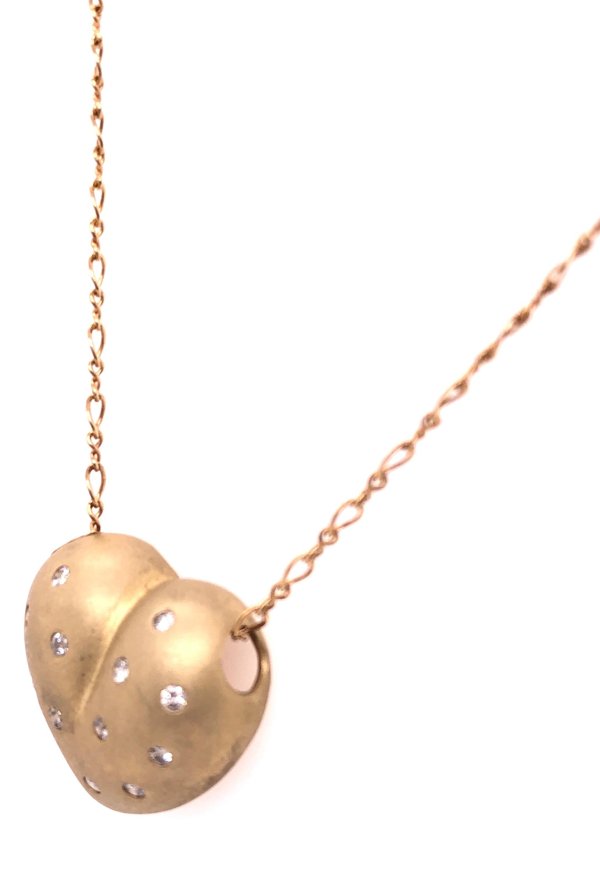 14 Karat Yellow Matte Gold Heart Charm Necklace with Round Diamonds 0.50 TDW For Sale 1