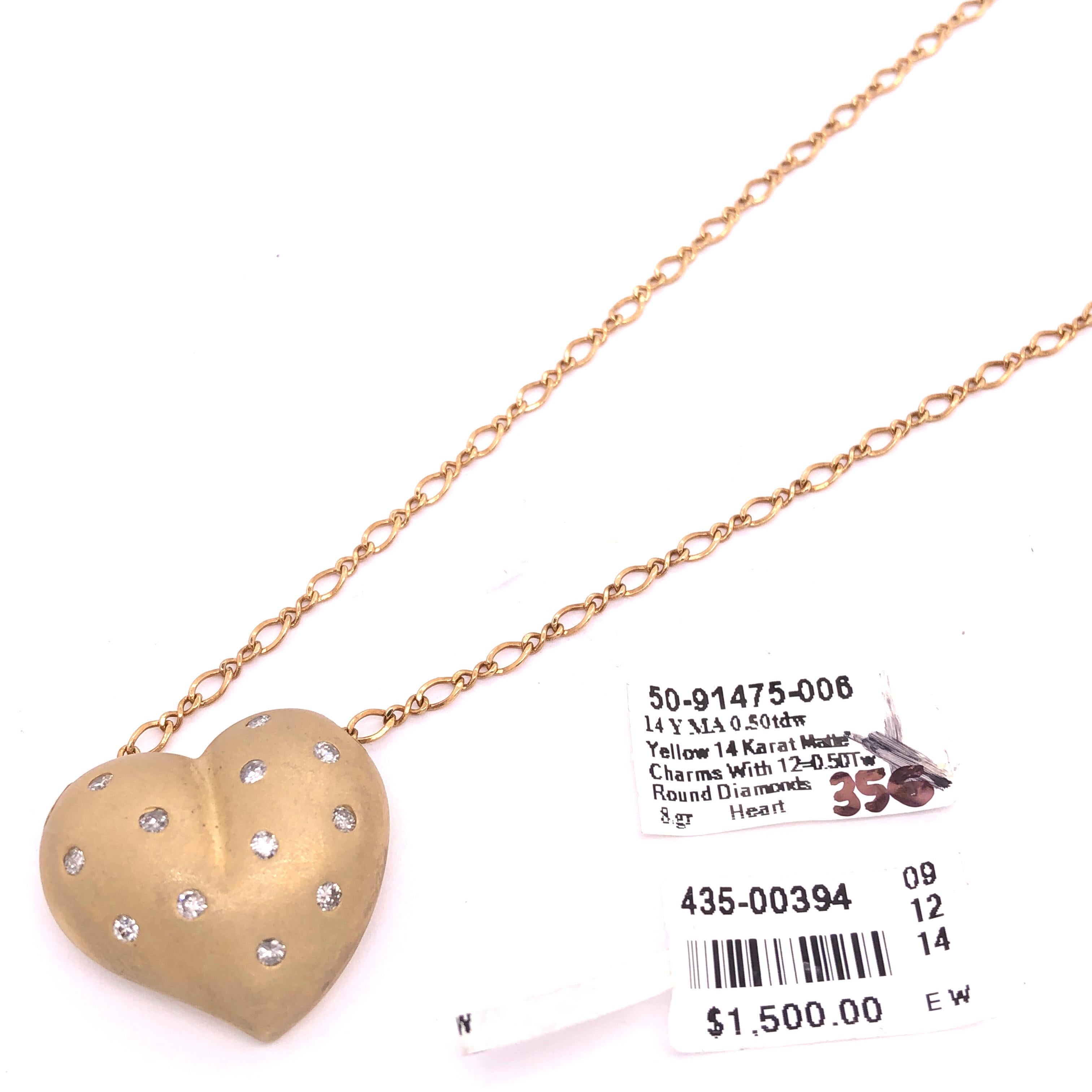 14 Karat Yellow Matte Gold Heart Charm Necklace with Round Diamonds 0.50 TDW For Sale 2