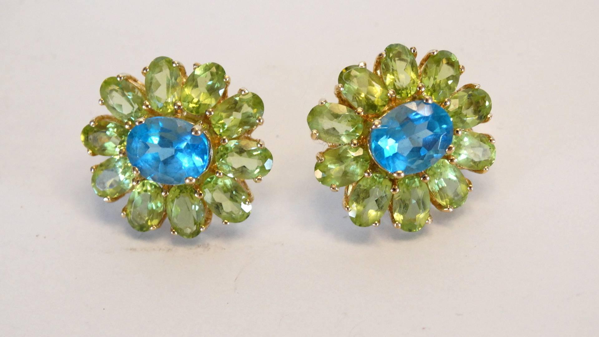 Oval Cut Blue Topaz & Green Peridot Flower Earrings 14k