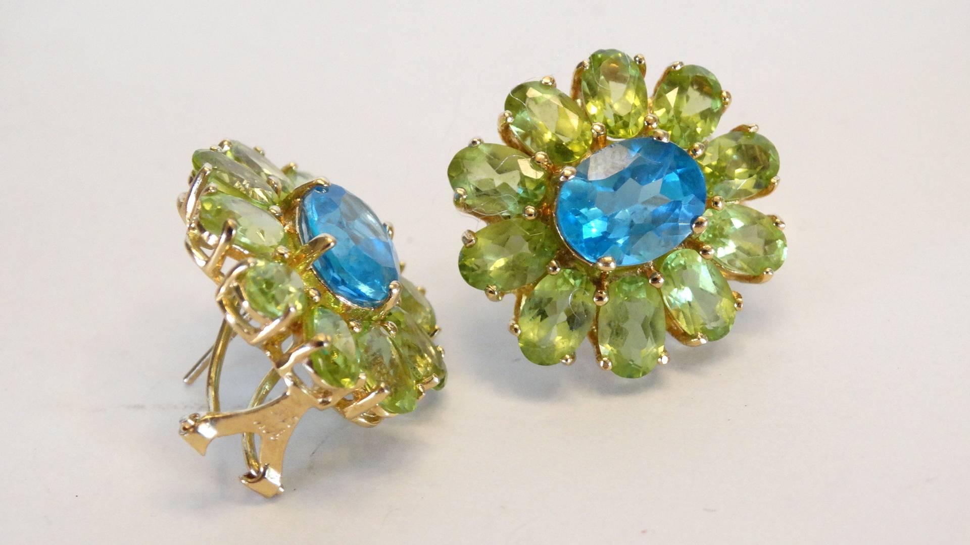 Blue Topaz & Green Peridot Flower Earrings 14k 2