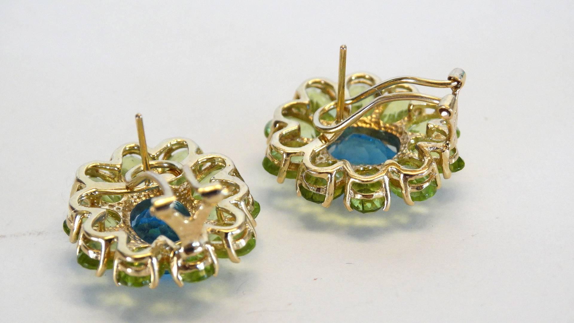 Blue Topaz & Green Peridot Flower Earrings 14k 3