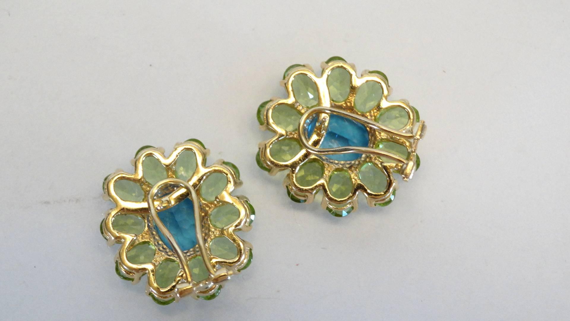 Blue Topaz & Green Peridot Flower Earrings 14k 4