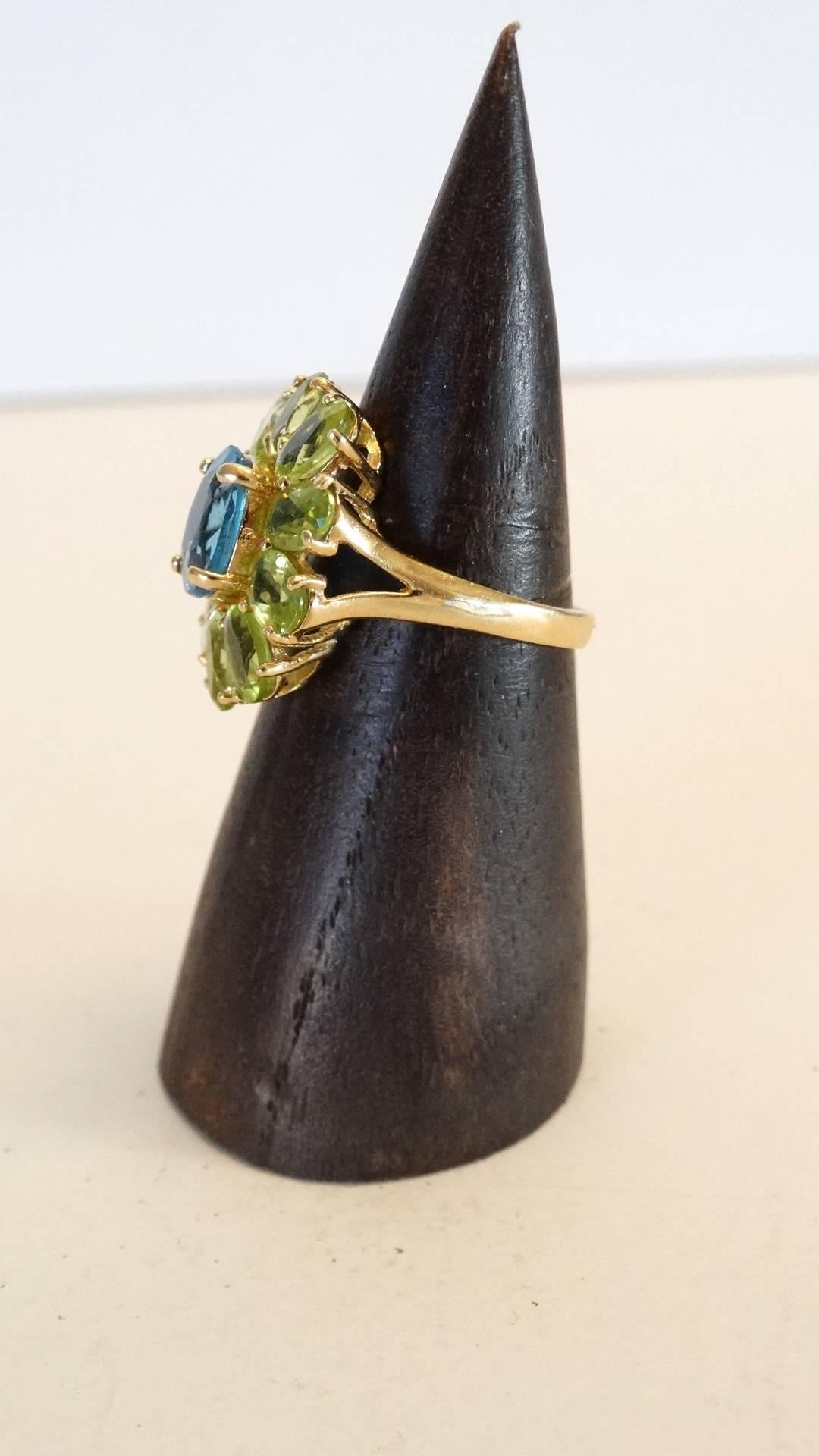 14kt YG Blue Topaz & Green Peridot Flower Cocktail Ring  2