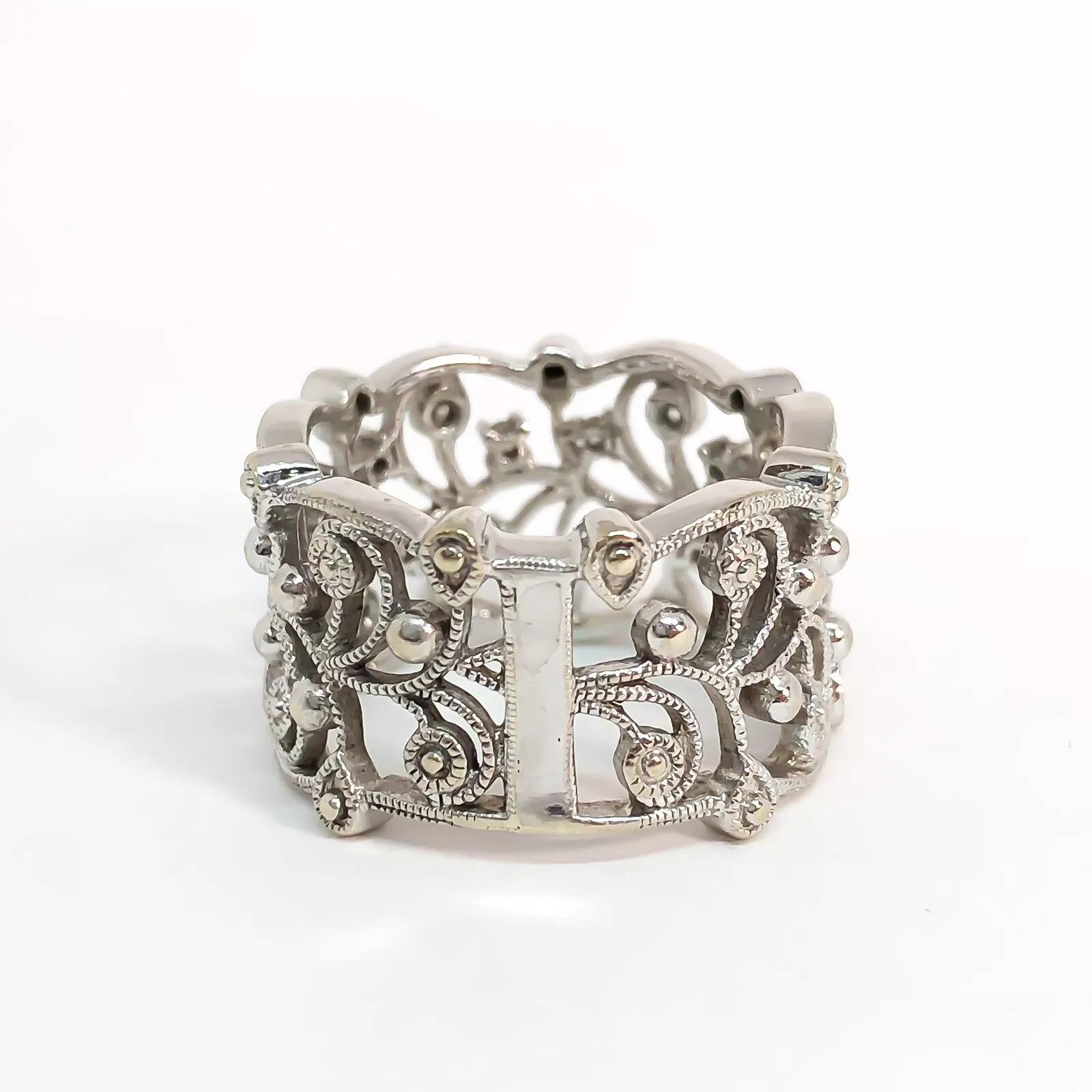 Art Deco 14KW .35ctw Diamond Filigree Lace Wide Lady’s Band Ring  Sz 6.5 For Sale