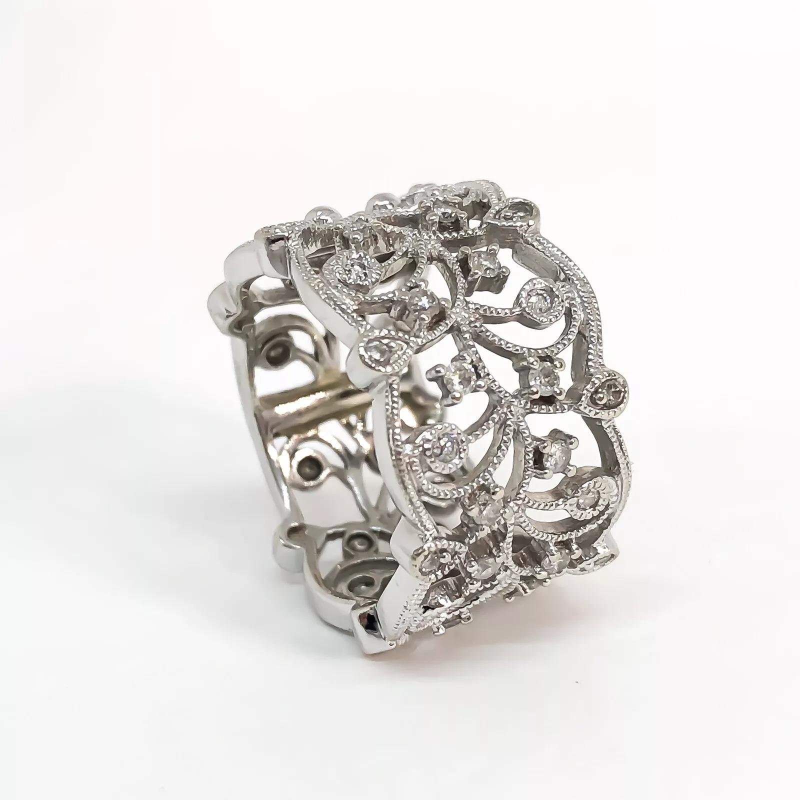 Brilliant Cut 14KW .35ctw Diamond Filigree Lace Wide Lady’s Band Ring  Sz 6.5 For Sale
