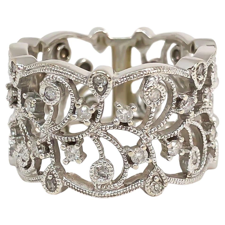 14KW .35ctw Diamond Filigree Lace Wide Lady’s Band Ring  Sz 6.5 For Sale