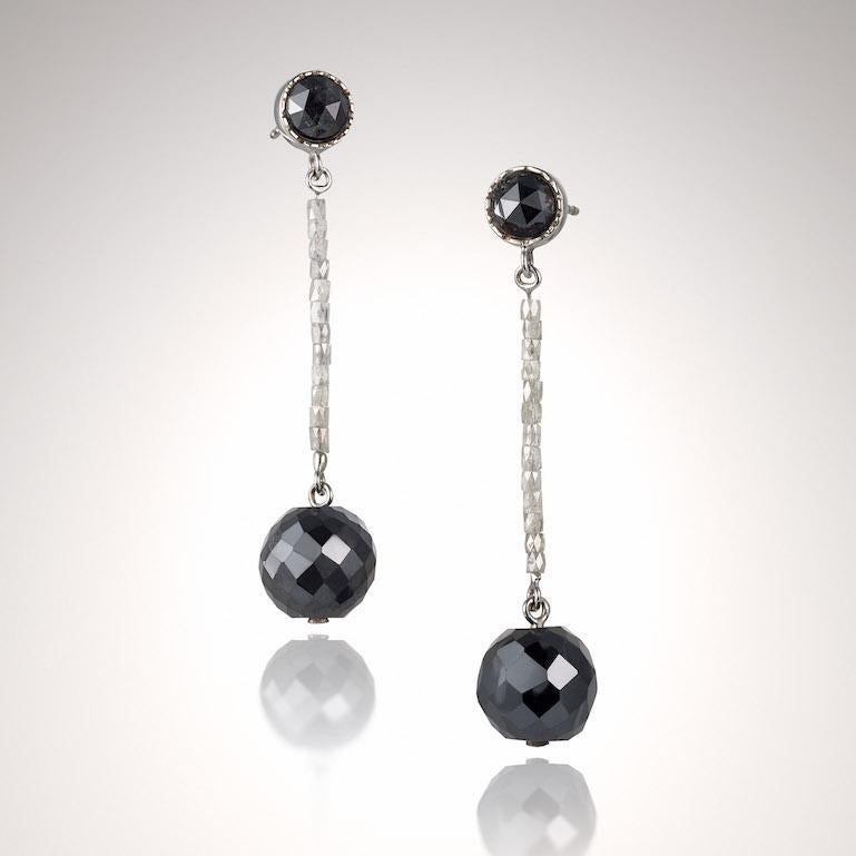Bead 14KW Black & White Diamond Wrecking Ball Earrings For Sale