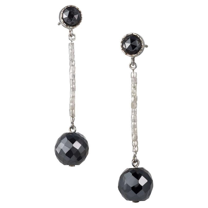 14KW Black & White Diamond Wrecking Ball Earrings For Sale
