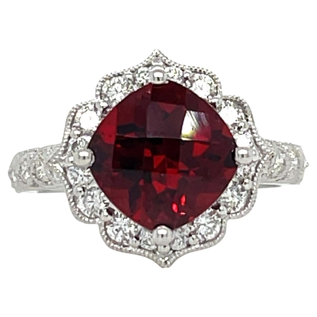14KW Gold Cushion Checkerboard Garnet and Diamond Ring For Sale