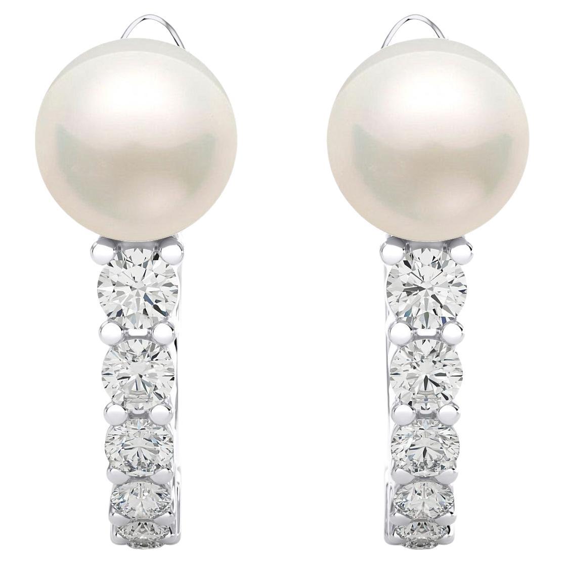 14KW Gold - Modern Diamond And Pearl Huggie Earrings (0.27 Ct). For Sale
