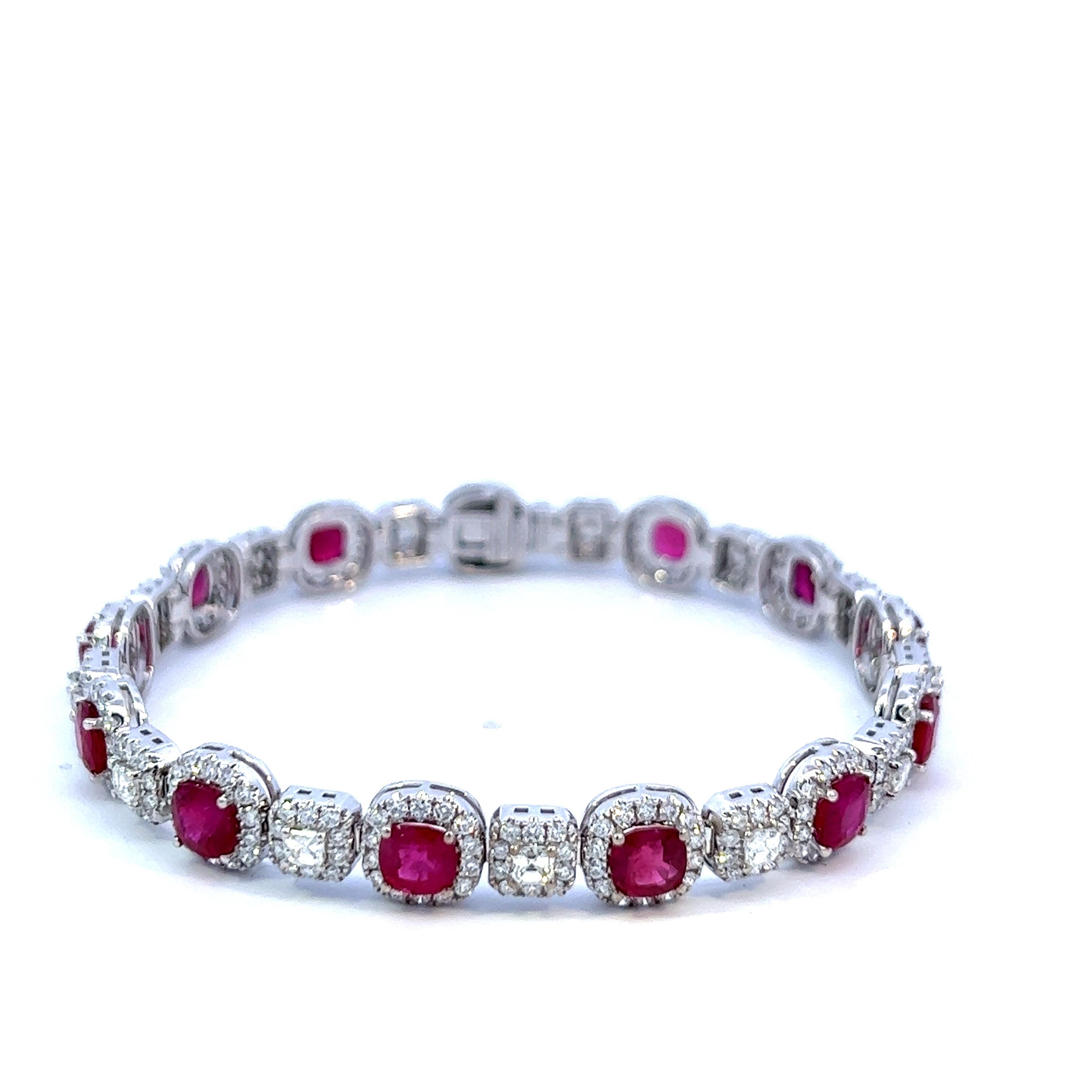 Pulsera de oro de 14 quilates con rubíes y diamantes - Rubí en cojín de 9,03 ct, calidad superior Corte cojín en venta
