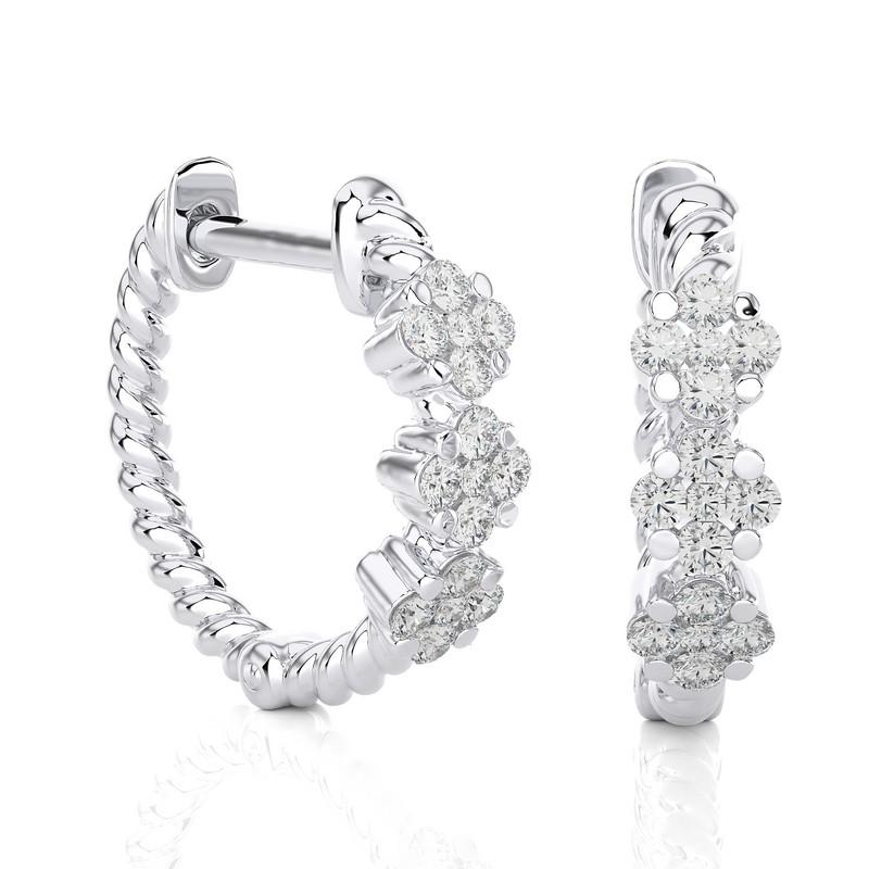 Modern 14KW Gold - Three Flower  Diamond Huggie Earrings (0.21 Ct). For Sale