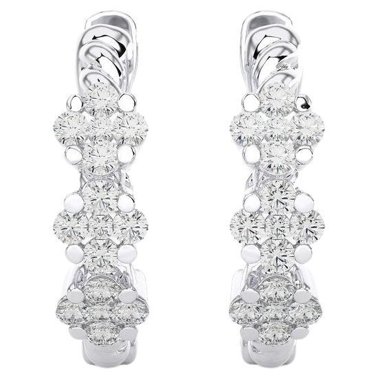 14KW Gold - Three Flower  Diamond Huggie Earrings (0.21 Ct). For Sale