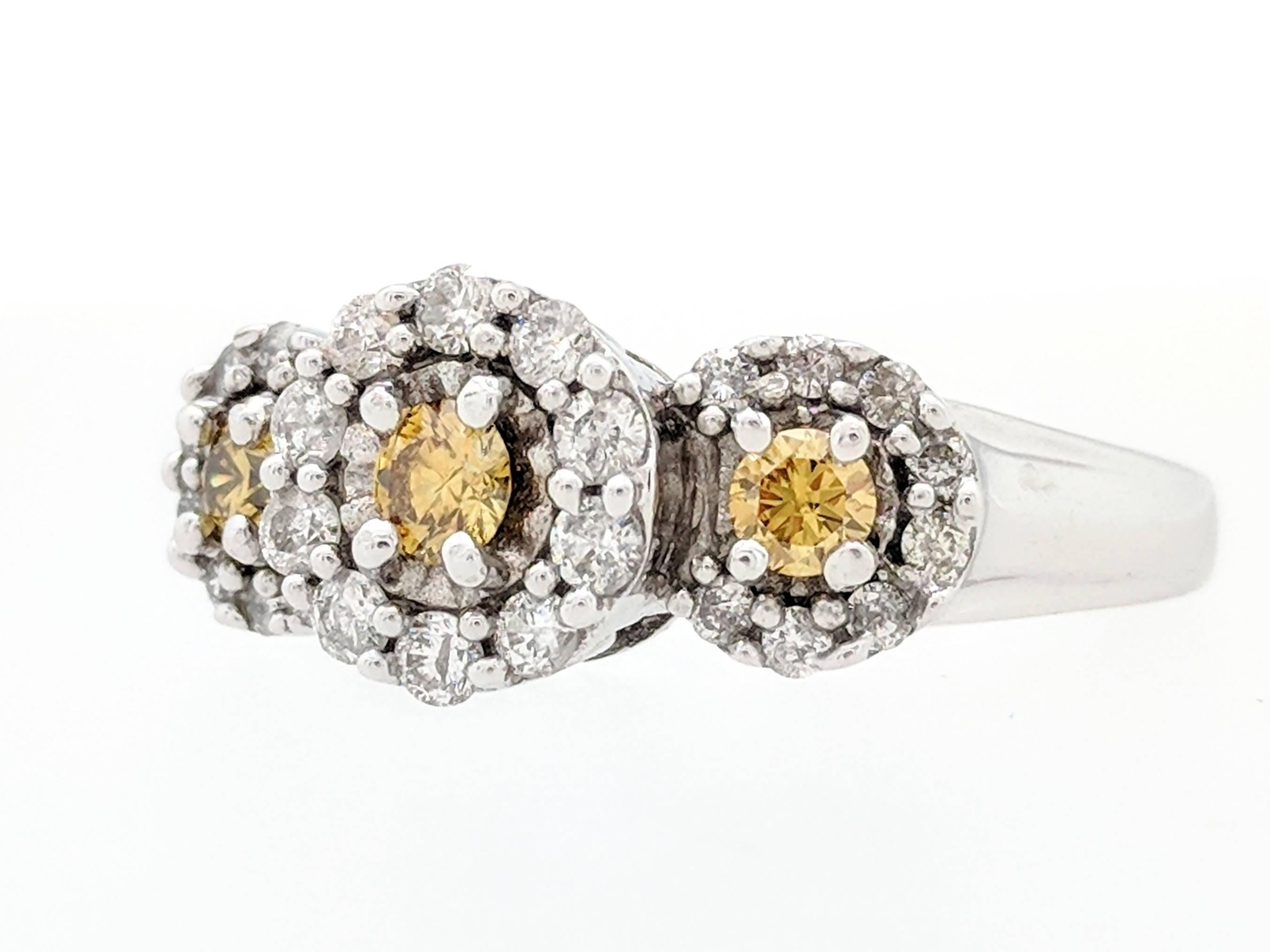 14KWG Fancy Yellow and White Diamond Three-Stone Halo Right Hand Ring 1 Carat In Excellent Condition In Gainesville, FL