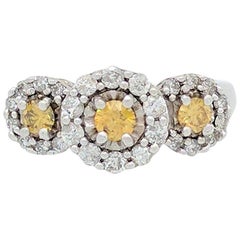 14KWG Fancy Yellow and White Diamond Three-Stone Halo Right Hand Ring 1 Carat 14KWG Fancy Yellow and White Diamond Three-Stone Halo Right Hand Ring 1 Carat
