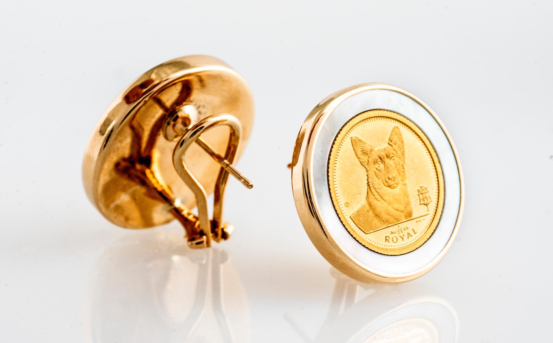 Vintage 14k yellow gold round button mother of pearl earrings with 24k gold Corgi dog coins.  Royal Gibraltar Pembroke Welsh Corgi gold coins are 24k and weigh 1/25 ounces each.  Earrings are lever back and are 20mm in width.  