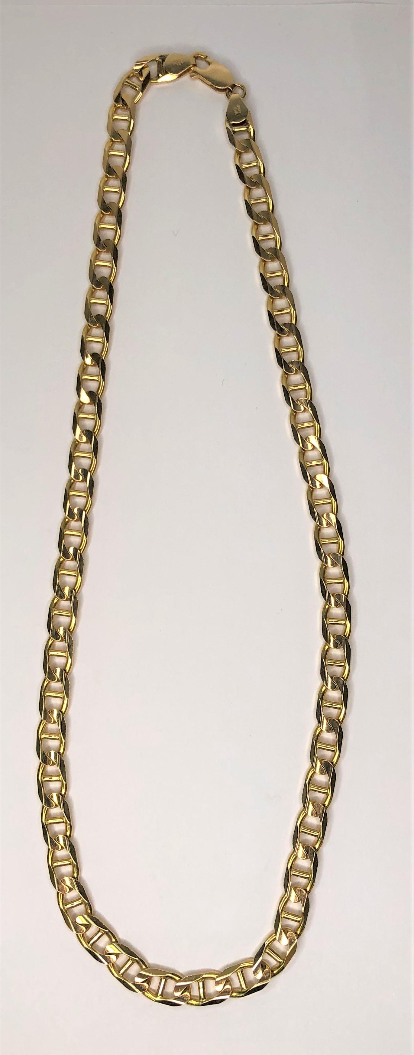This classic anchor chain is beautiful, a good weight and shiny.  It's a great piece!
14 karat yellow gold anchor style
18 inches long
Approximately 6.3mm wide
Stamped 