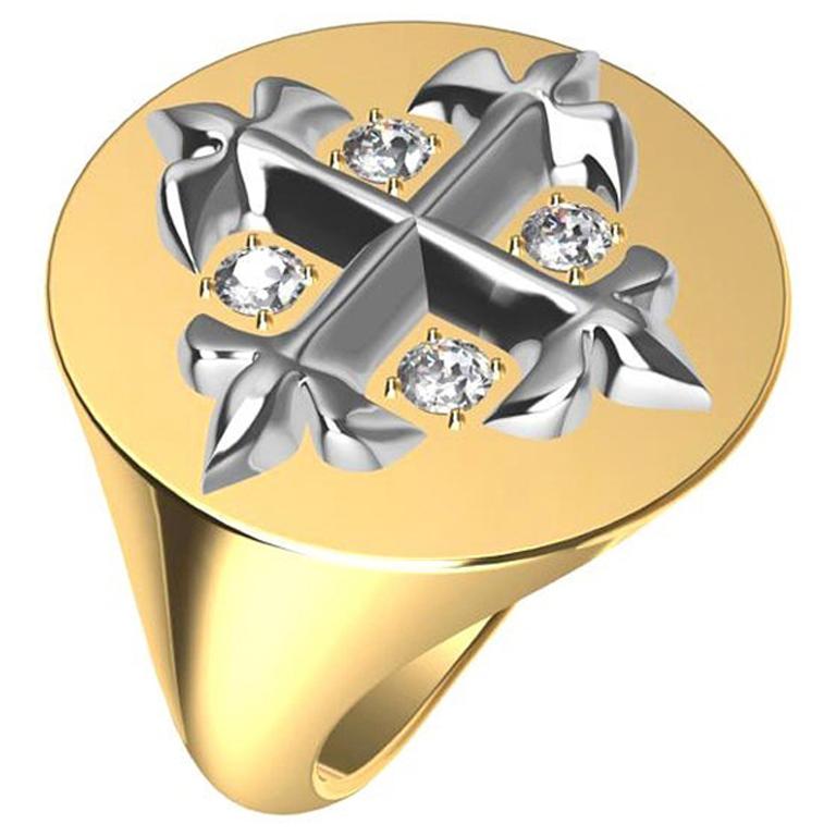 Bague sigillaire en forme de croix en or 14 carats et diamants blancs 14 carats, style West 46