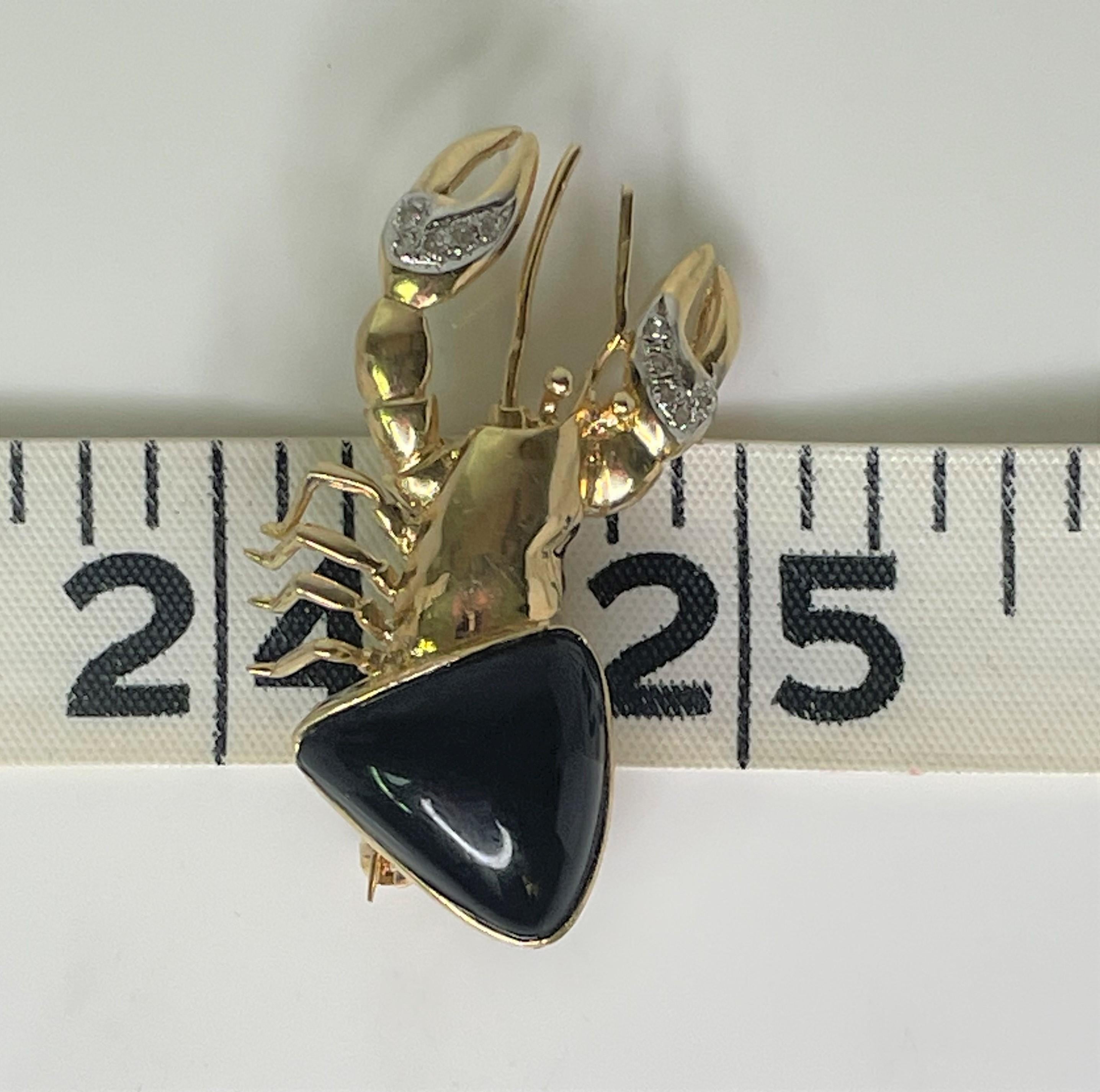 Broche/pendentif crabe en onyx noir 14 carats et diamants en vente 1
