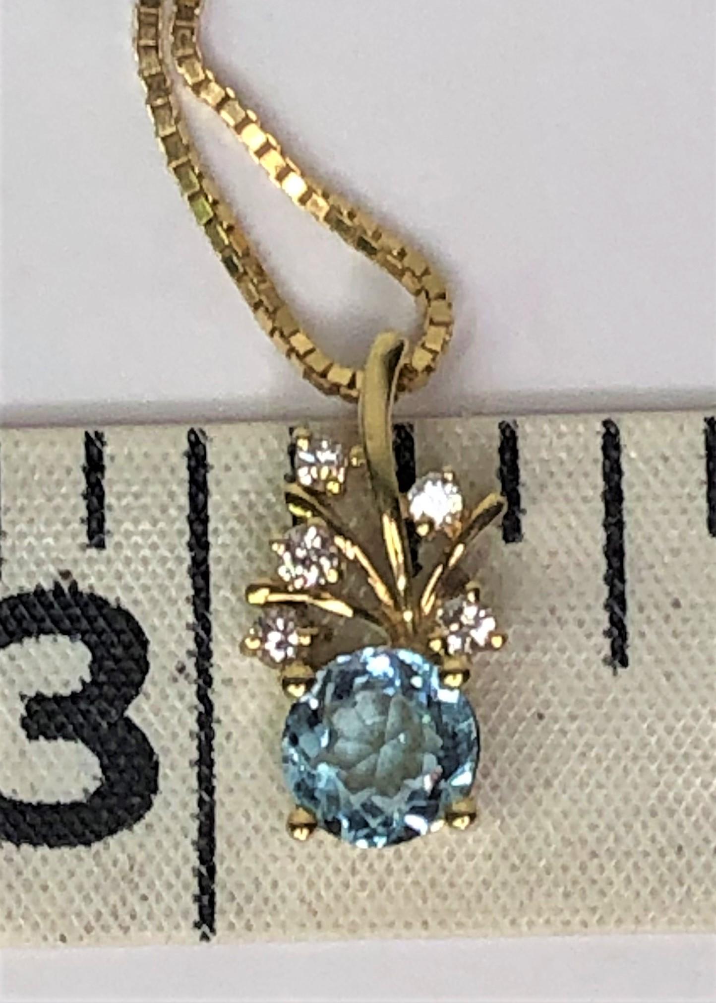 Women's or Men's 14KY Blue Topaz Diamond Pendant Necklace