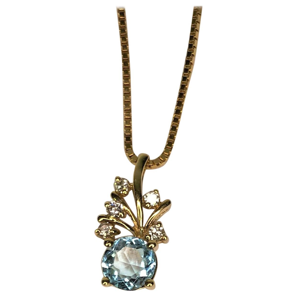14KY Blue Topaz Diamond Pendant Necklace