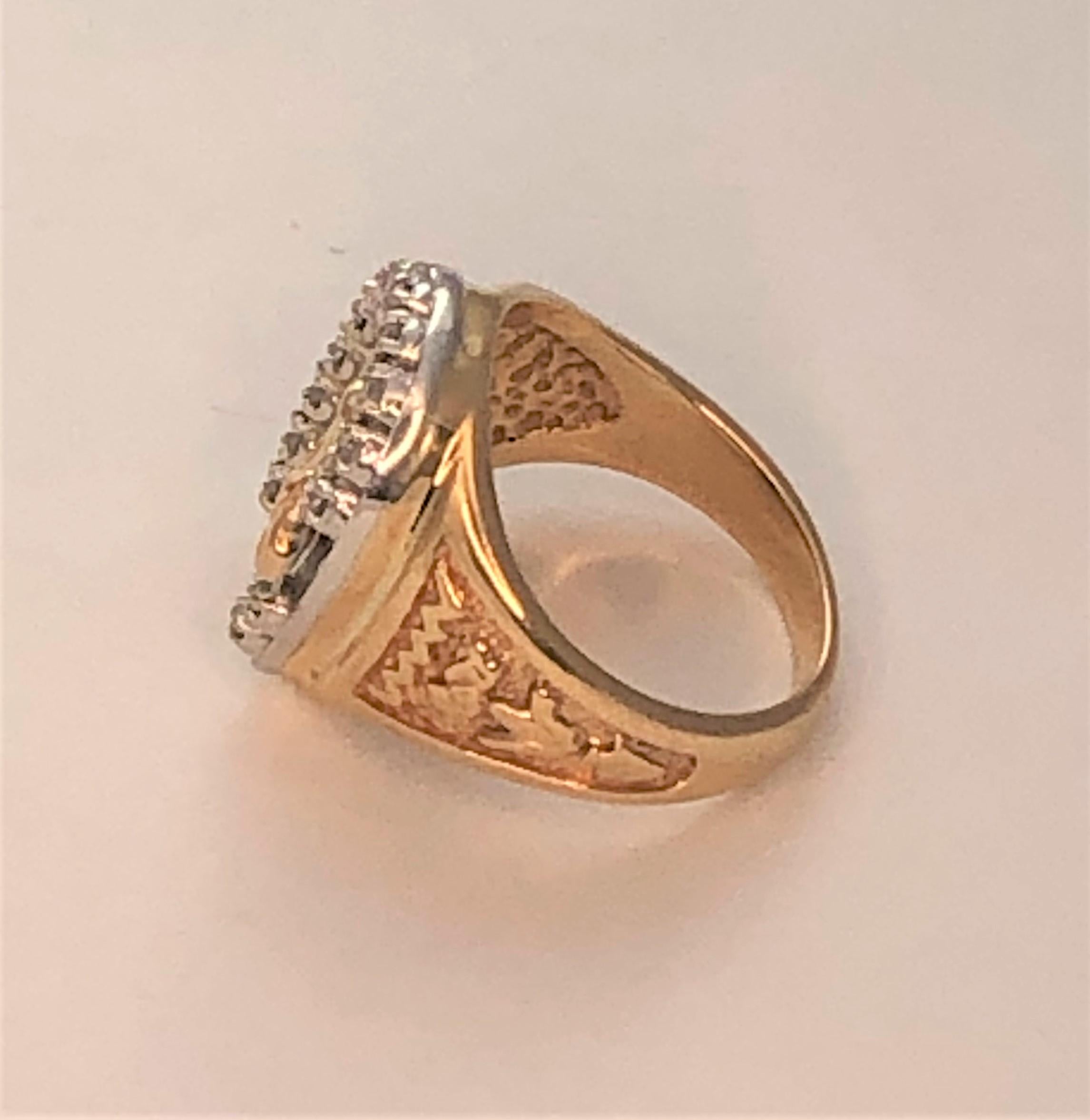 Cheers to loving horses!  This ring is an easy everyday item that will grab attention.
14 karat yellow gold horse ring with surrounding diamond horse shoe.
14 round, single cut diamonds on the horse shoe surrounding horse head in center.
Each