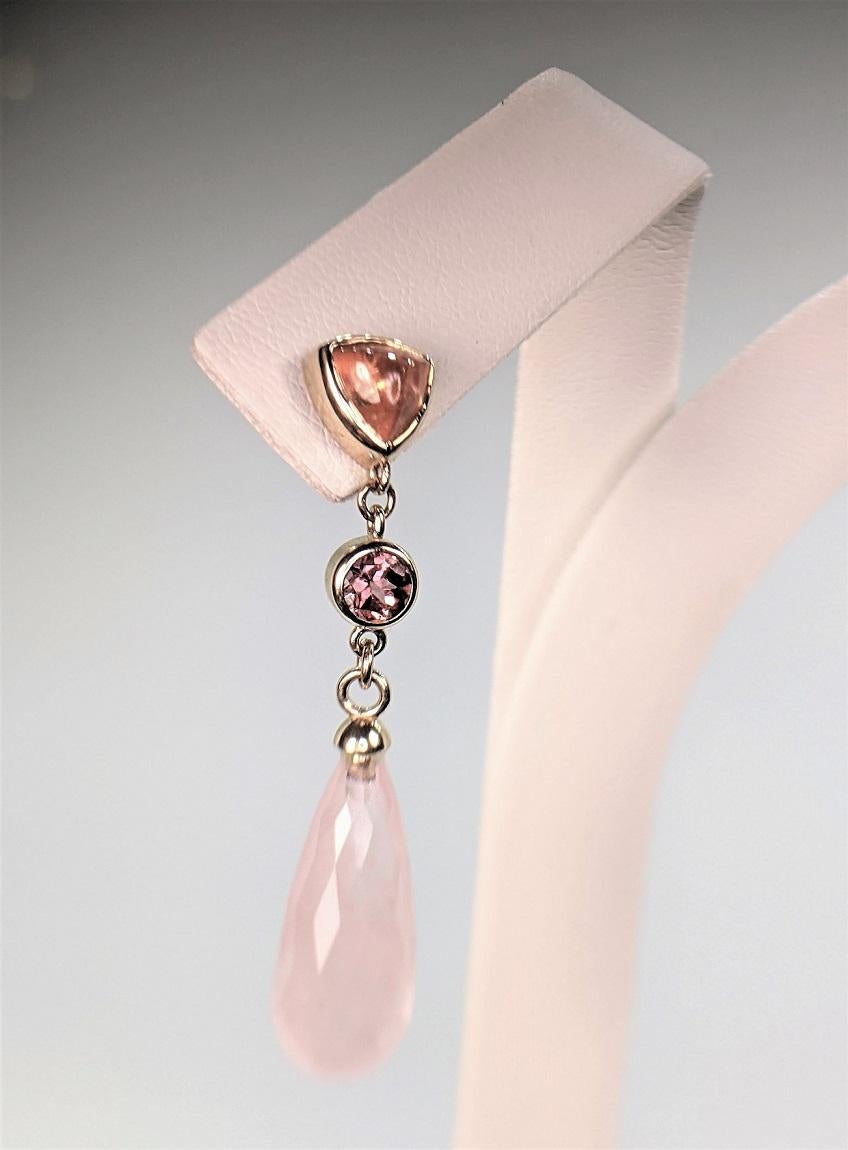 Contemporain Pendants d'oreilles en or 14 carats avec grenat mandarin, tourmaline rose et quartz rose en vente