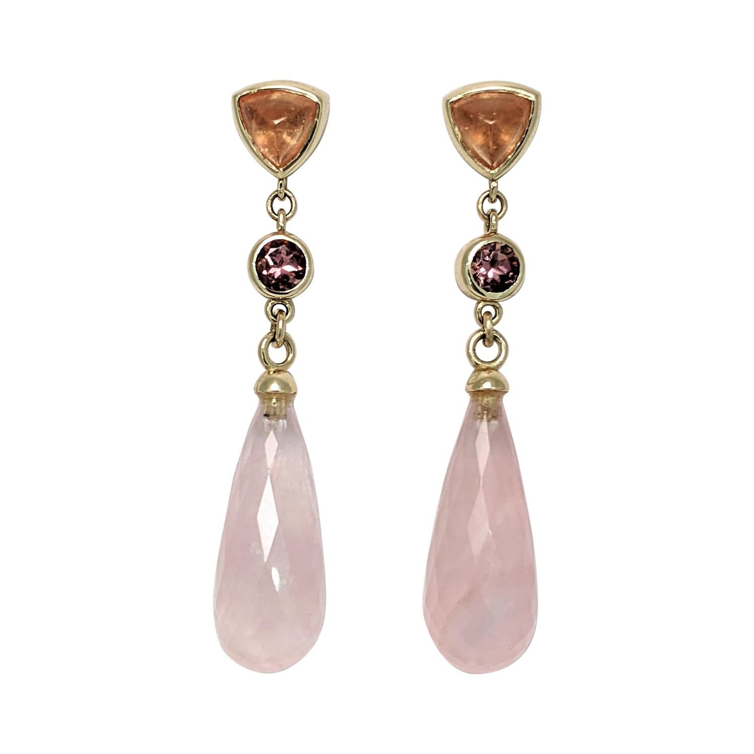 14ky Gold Dangle Earrings with Mandarin Garnet, Pink Tourmaline and Rose Quartz For Sale