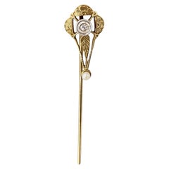 14KY Gold Diamond Pearl Stick Pin Floral Engraved-OGI Ltd Estate Collection