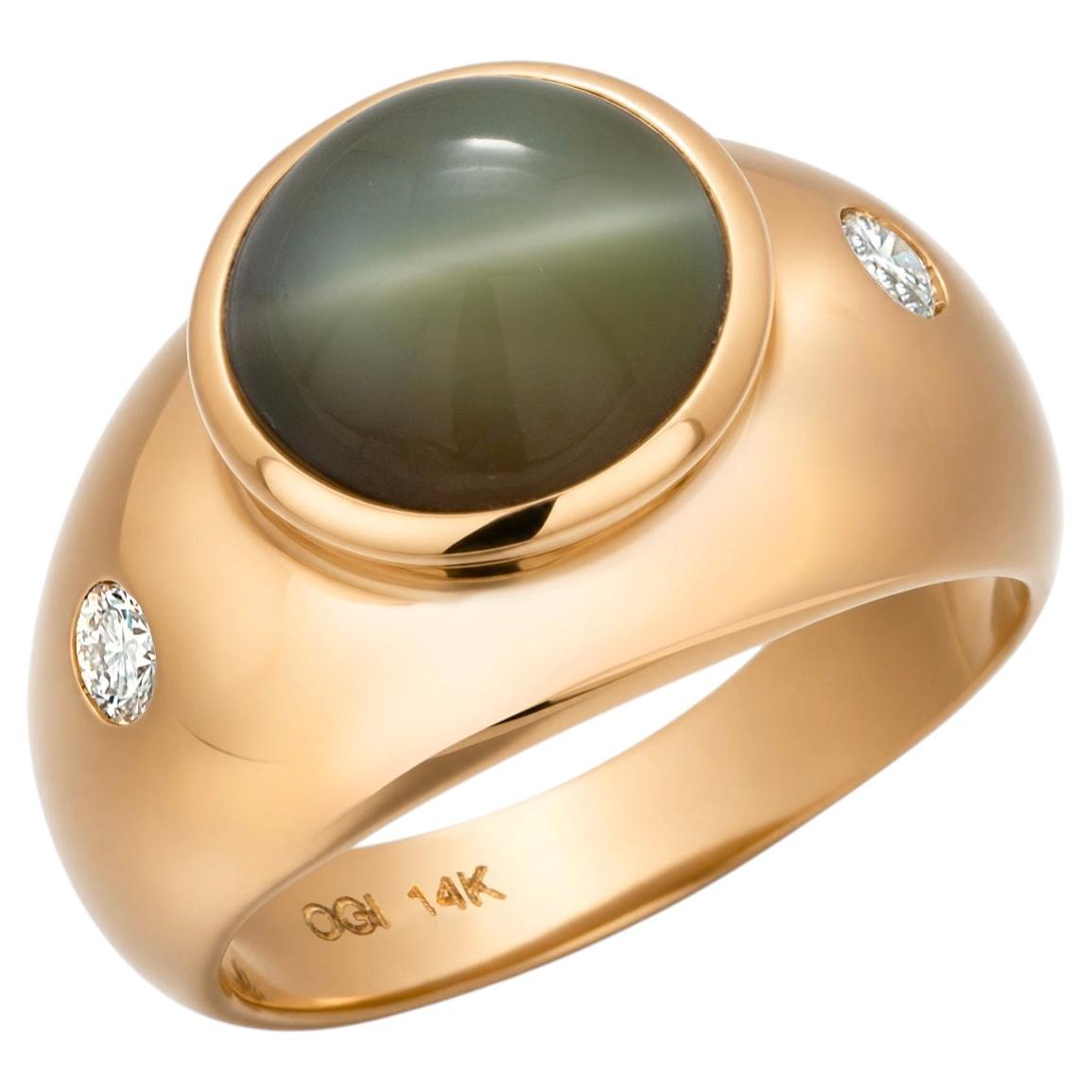 GIA Certified 7.11ct Cat's Eye Chrysoberyl & Diamond Ring in 14K Gold