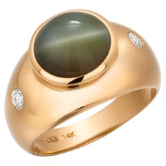 14KY Gold GIA Certified 7.11 Carat Natural Cat's Eye Chrysoberyl & Diamond Ring