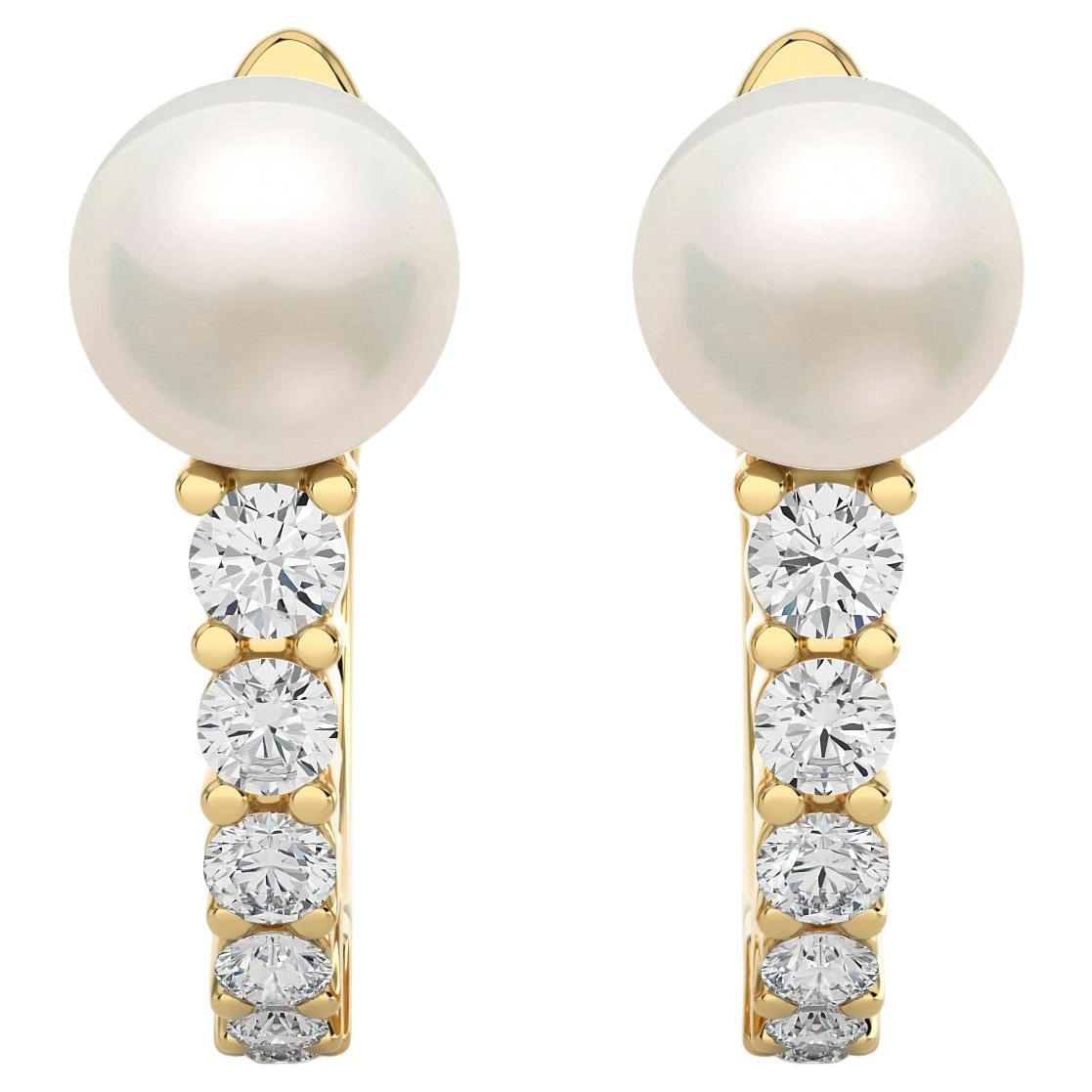 14KY Gold - Modern Diamond And Pearl Huggie Earrings (0.28 Ct). For Sale