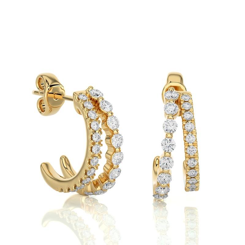 Round Cut 14KY Gold - Modern Two-Row Split Diamond Huggie Earrings. (0.38 Ct) For Sale