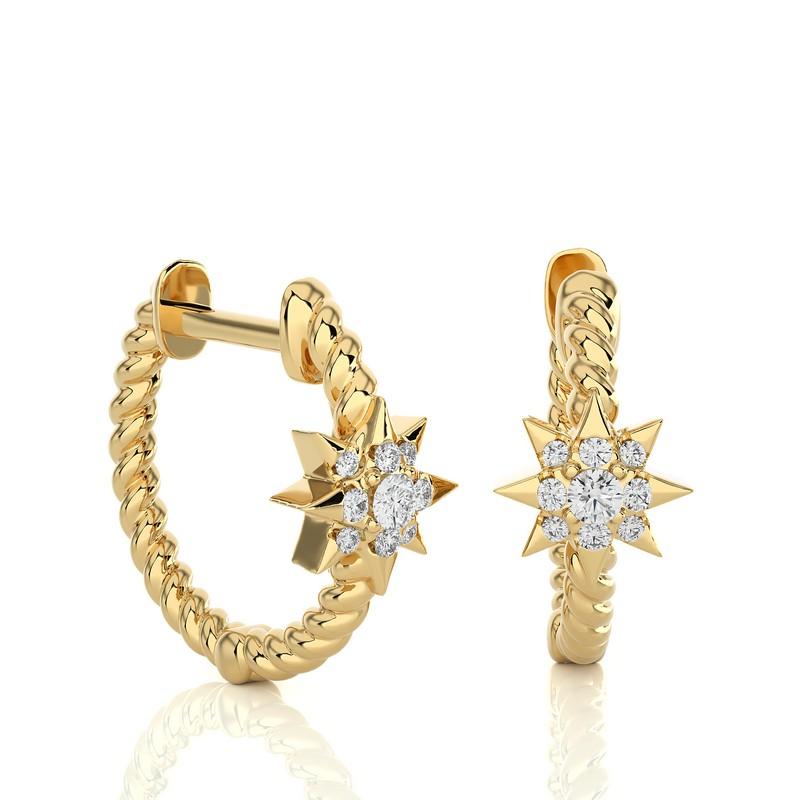 Modern 14KY Gold -Single Star Diamond Huggie Earrings (0.09 Ct). For Sale