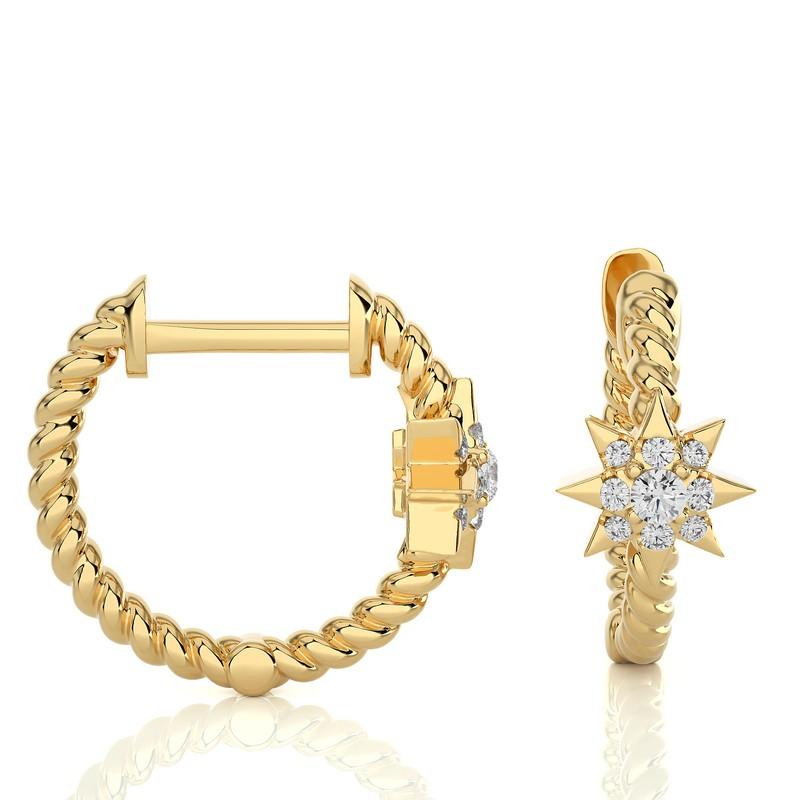 Round Cut 14KY Gold -Single Star Diamond Huggie Earrings (0.09 Ct). For Sale