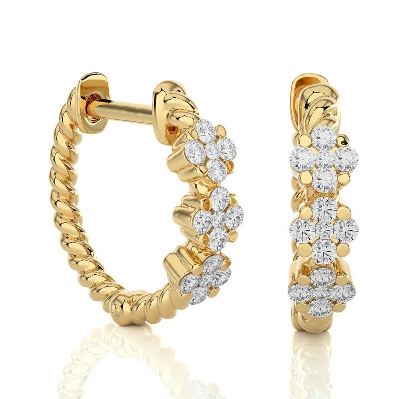Modern 14KY Gold - Three Flower  Huggie Earrings (0.21 Ct). For Sale