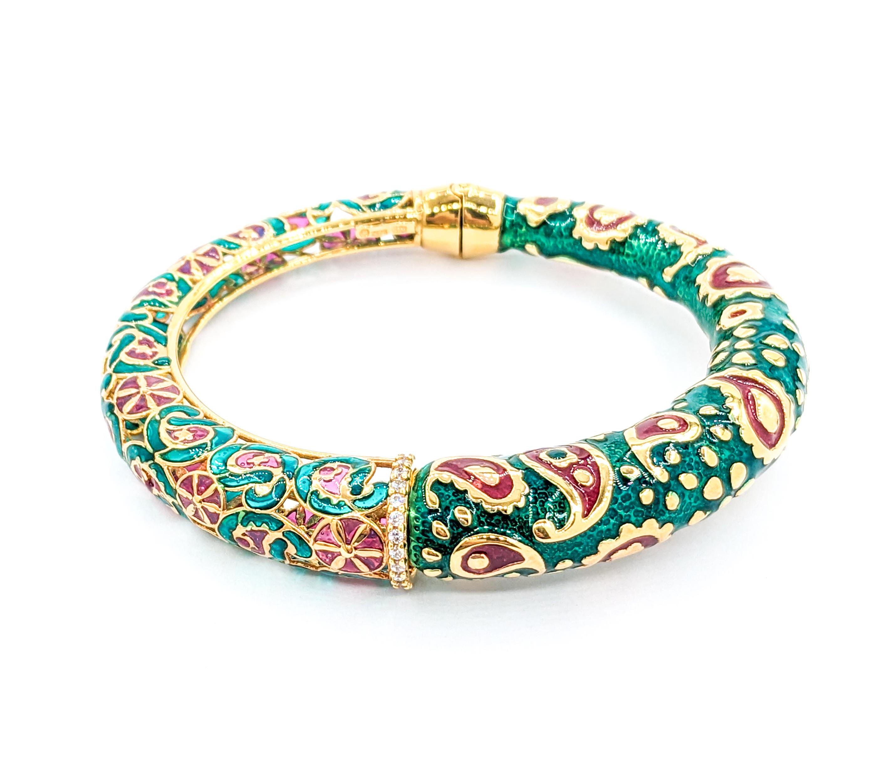 14ky Green & Red Enamel Bangle Bracelet For Sale 7
