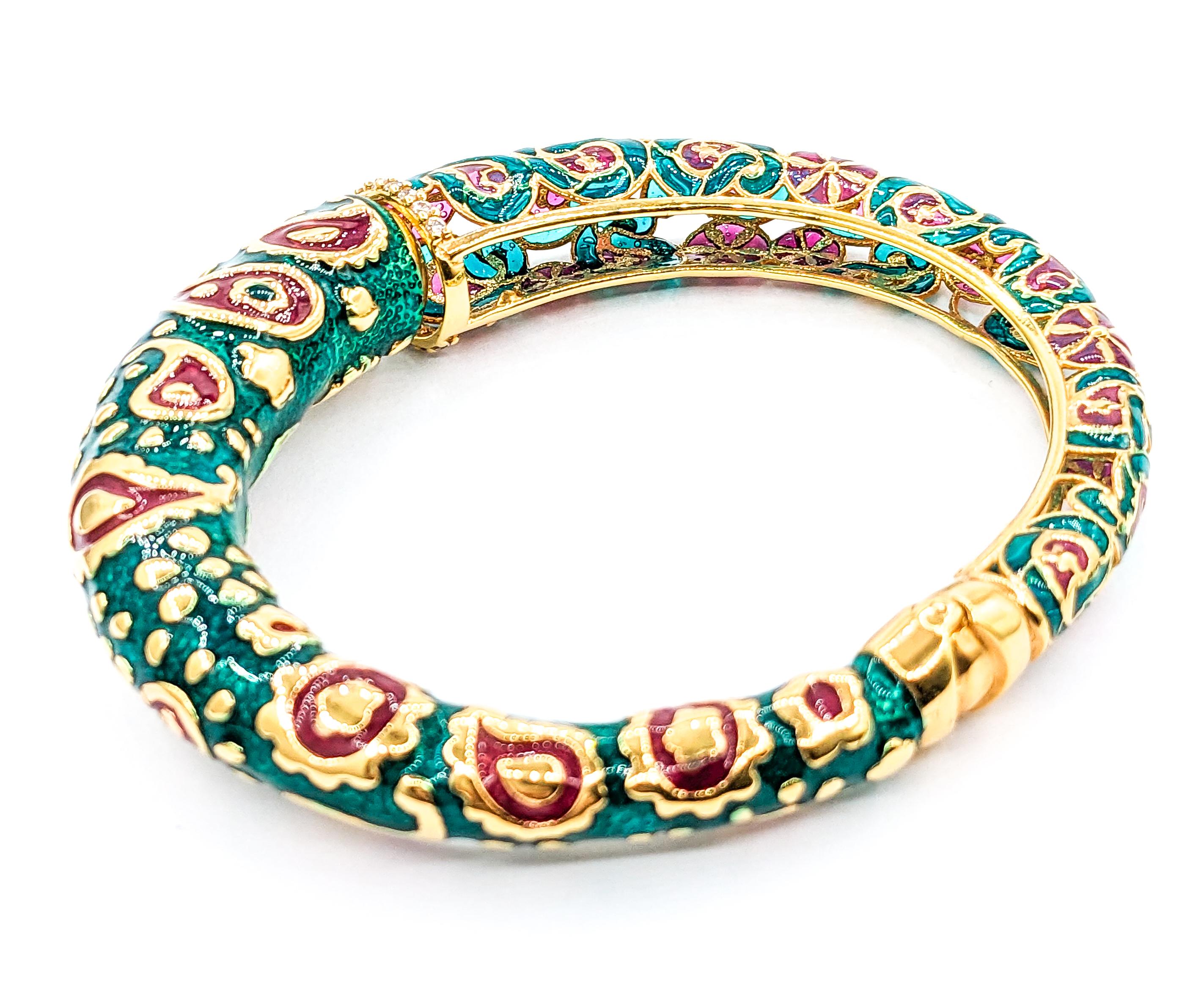 14ky Green & Red Enamel Bangle Bracelet For Sale 2