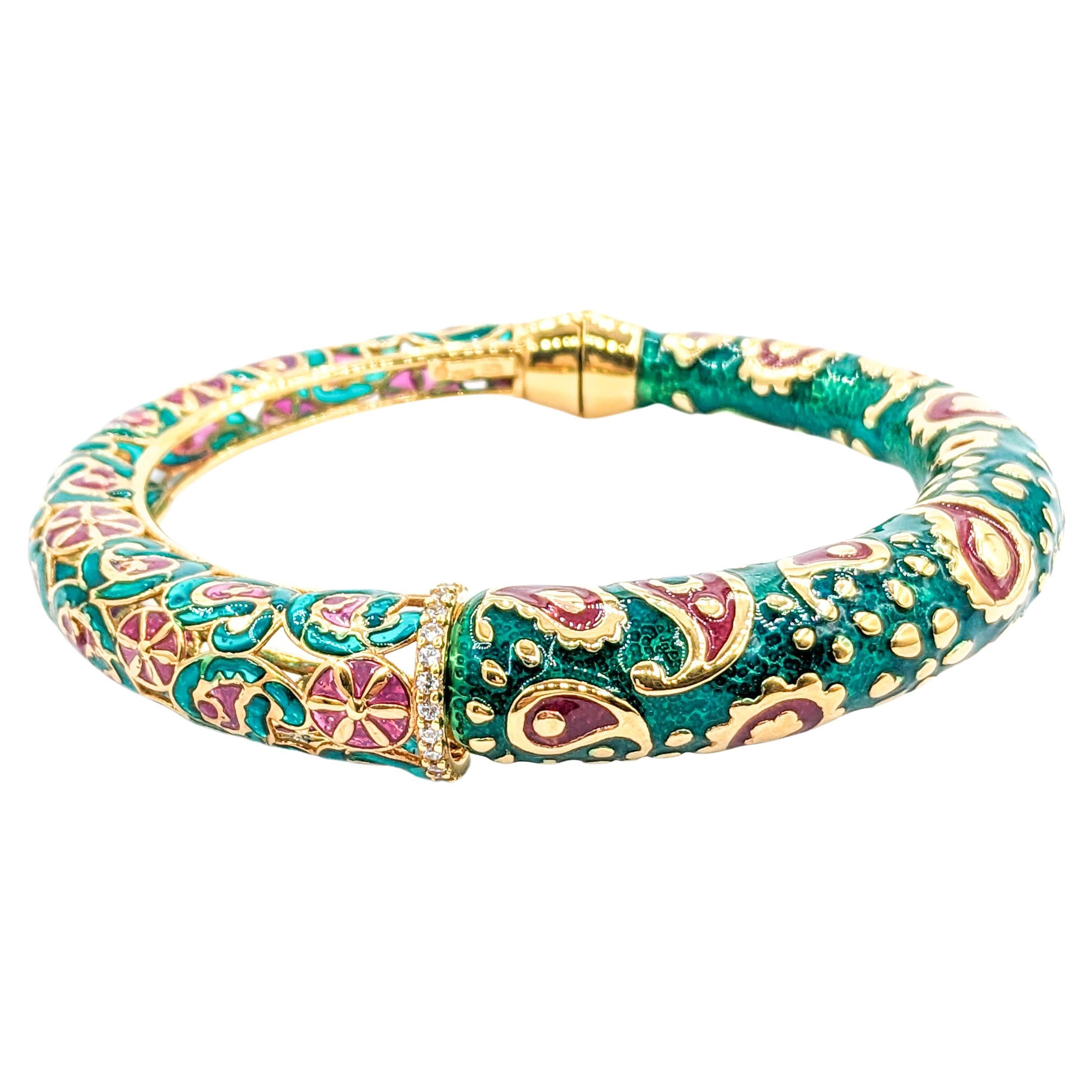 14ky Green & Red Enamel Bangle Bracelet For Sale