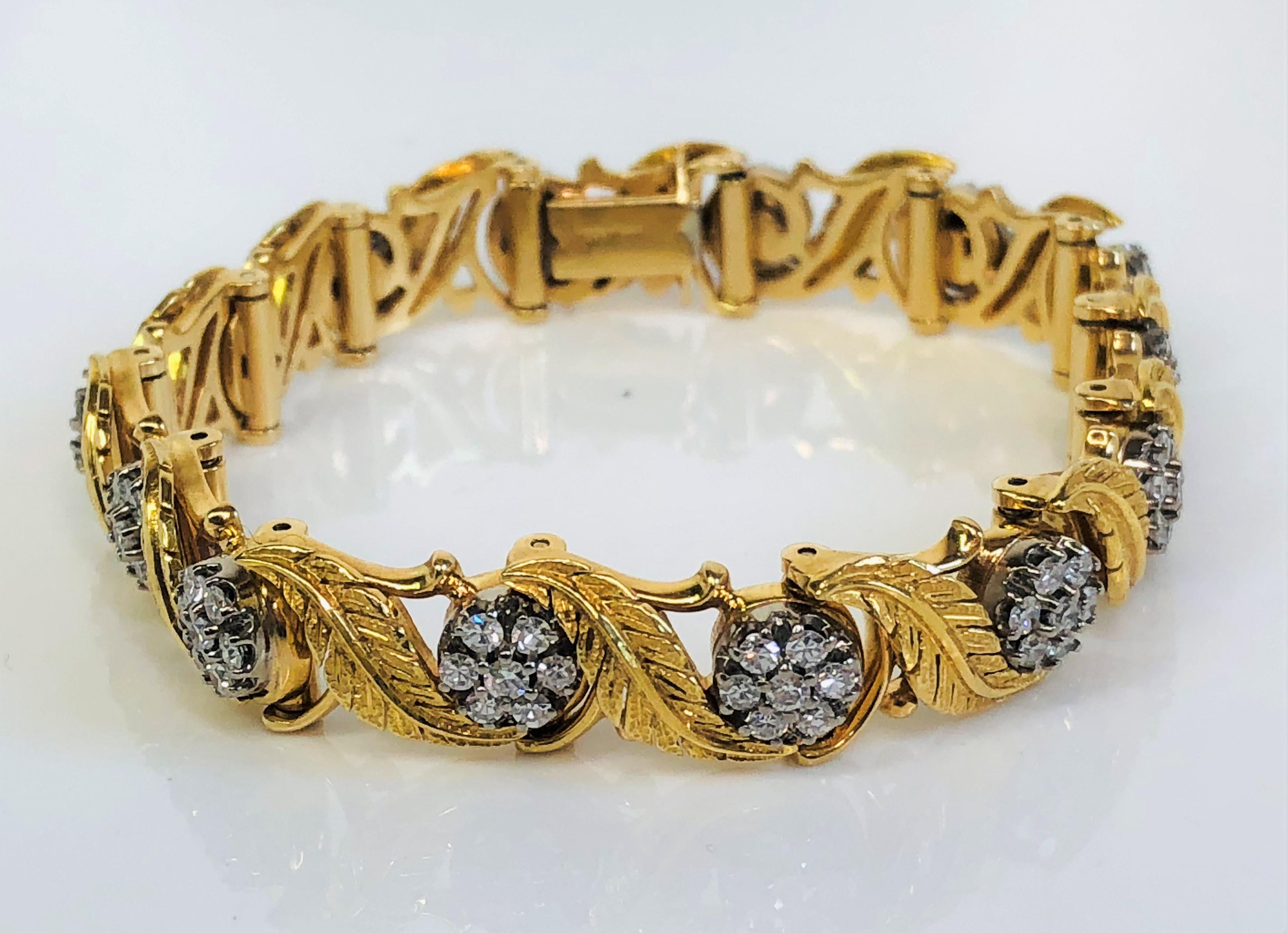 By designer Jabel, this unique bracelet is solid and well crafted.  
14 karat yellow and white gold.
98 total round prong set diamonds set in 14 