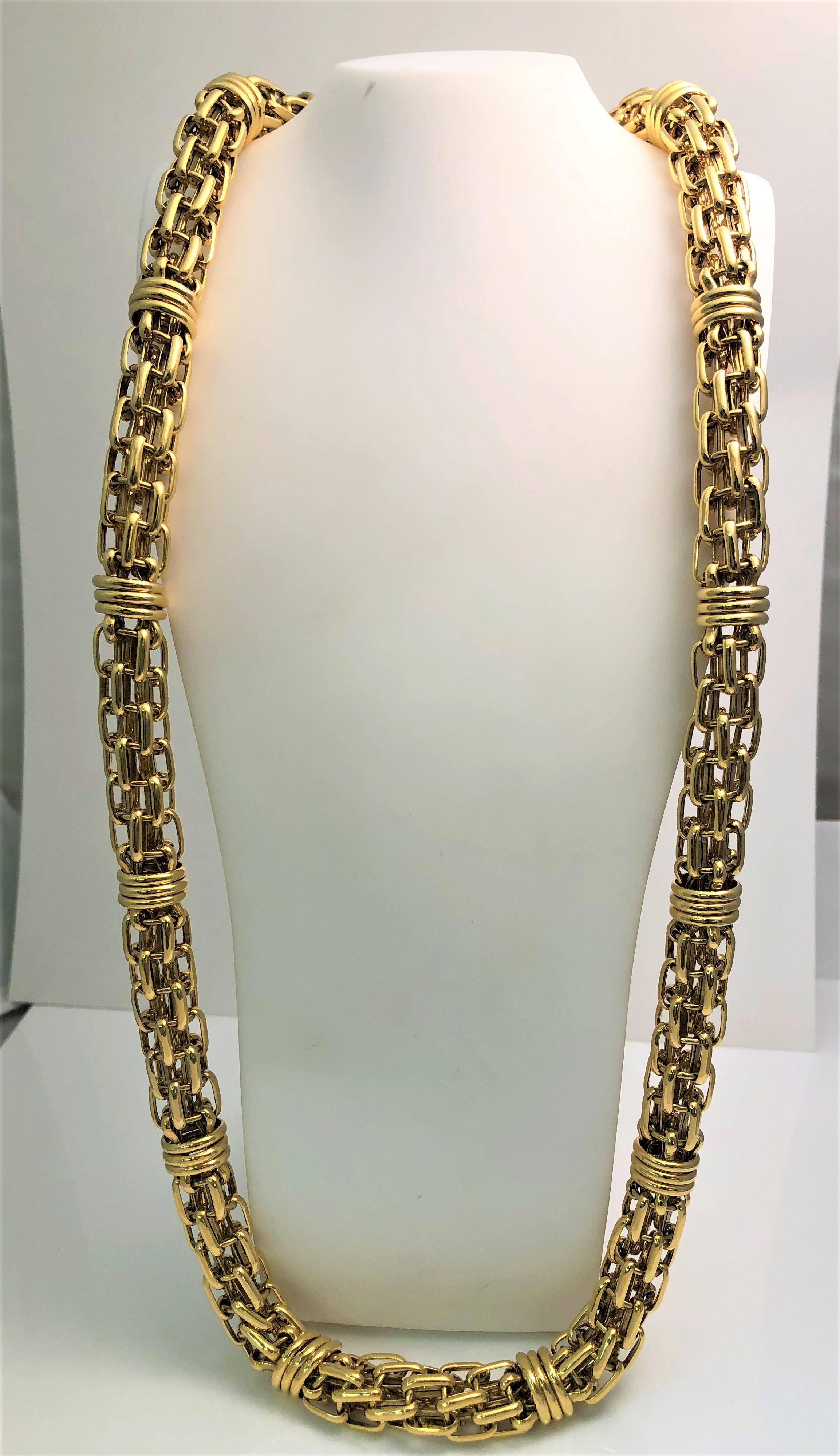 This rare necklace is easy to wear any day of the week.  Light weight with a big impact!
14 karat yellow 8mm gold open link 