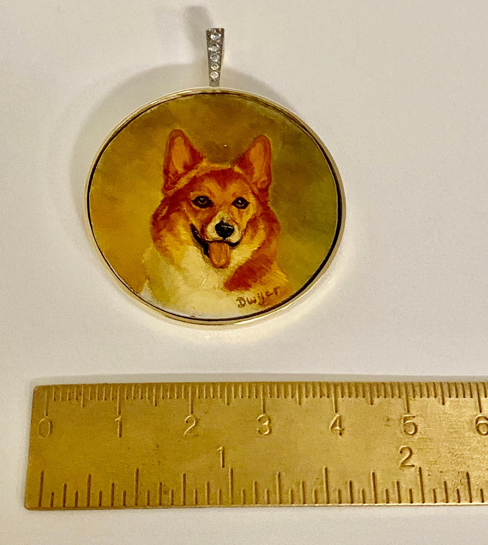 Victorian 14 Karat Yellow Gold Painted Corgi Dog Portrait Diamond Pendant For Sale