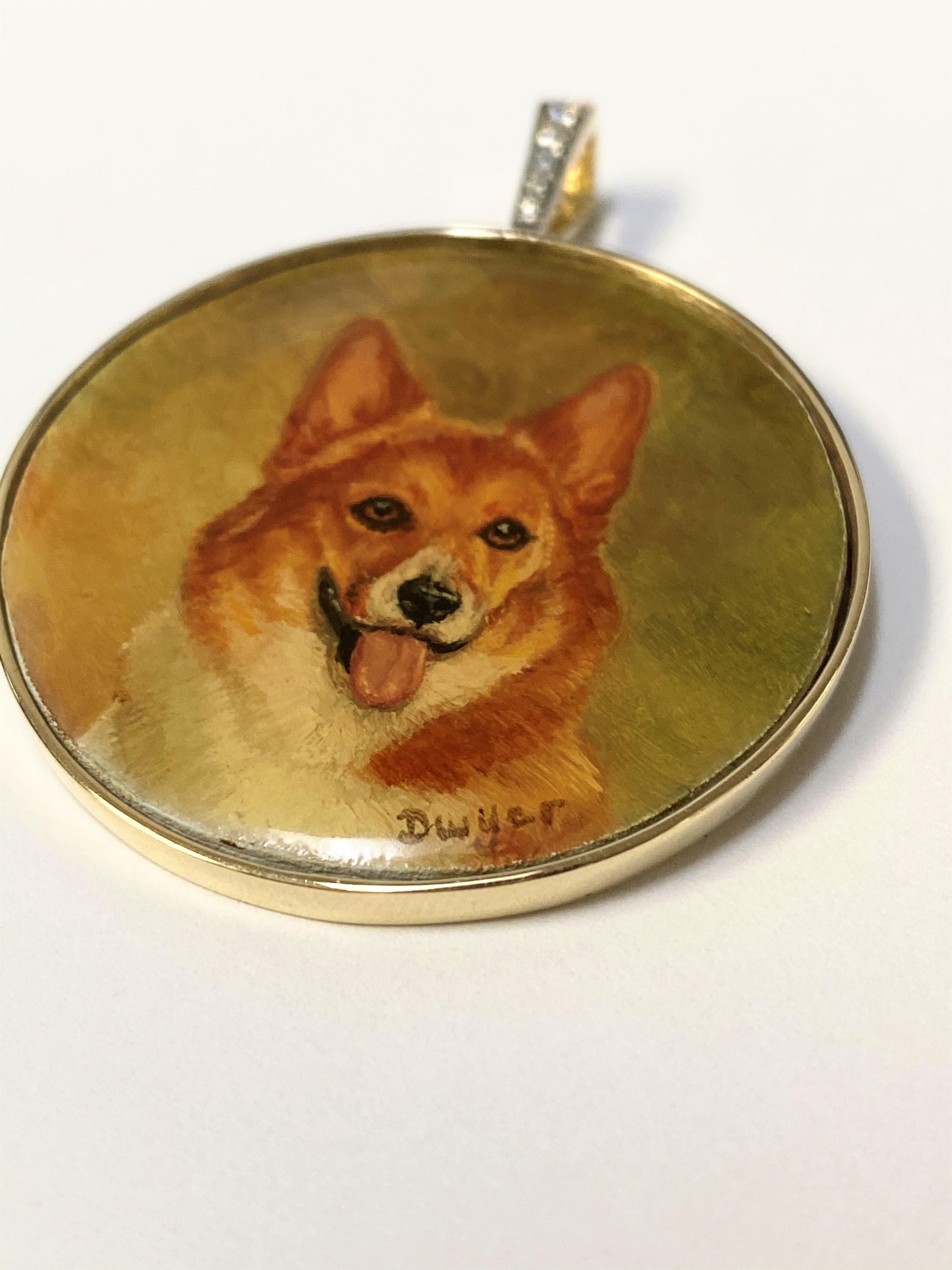 Round Cut 14 Karat Yellow Gold Painted Corgi Dog Portrait Diamond Pendant For Sale
