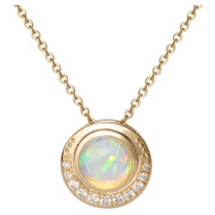 Collier pendentif 14ky avec opale éthiopienne de 7,5 mm et diamants