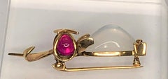 14KY Red Stone Moonstone Rabbit Brooch