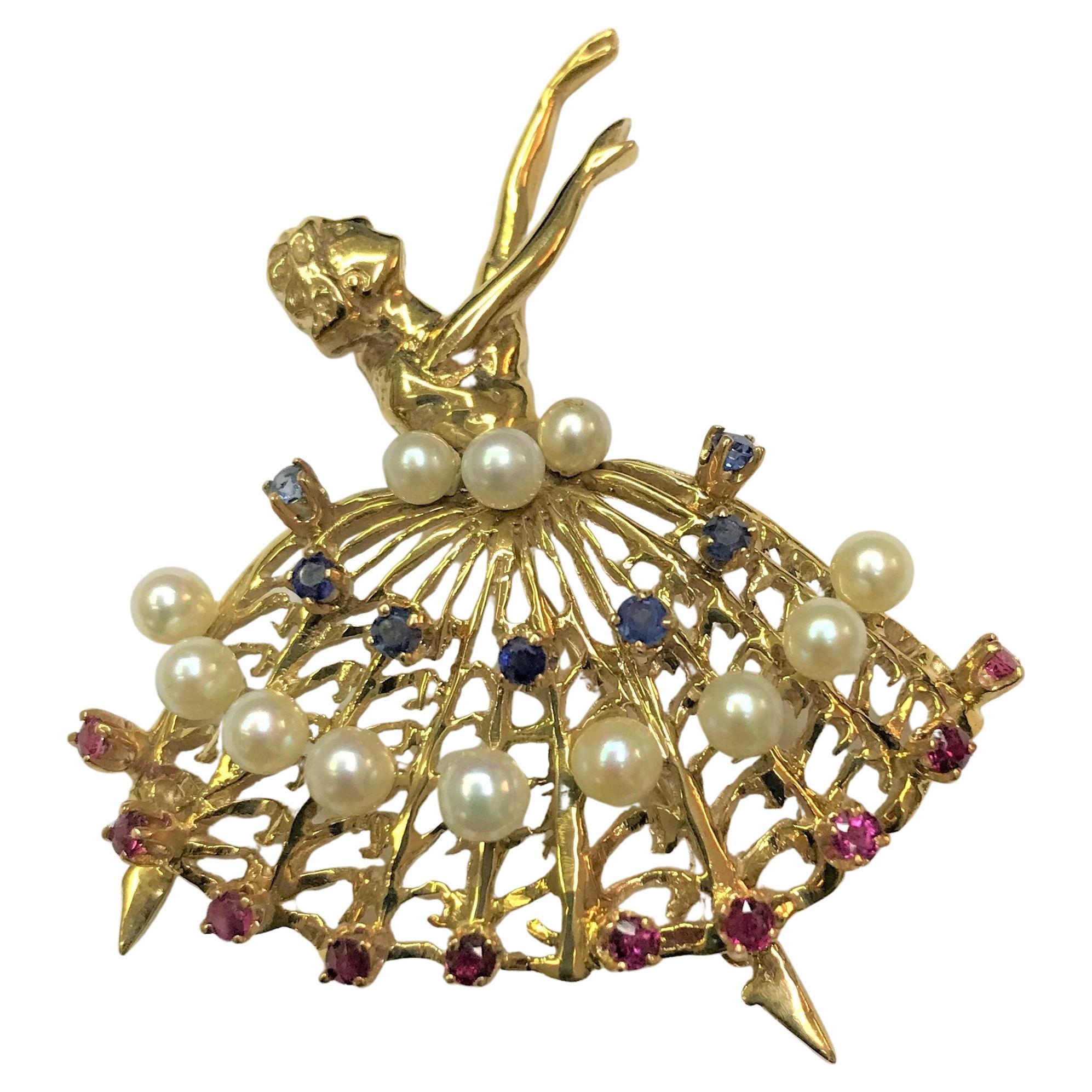 14KY Ruby, Sapphire, Pearl Ballerina Brooch For Sale