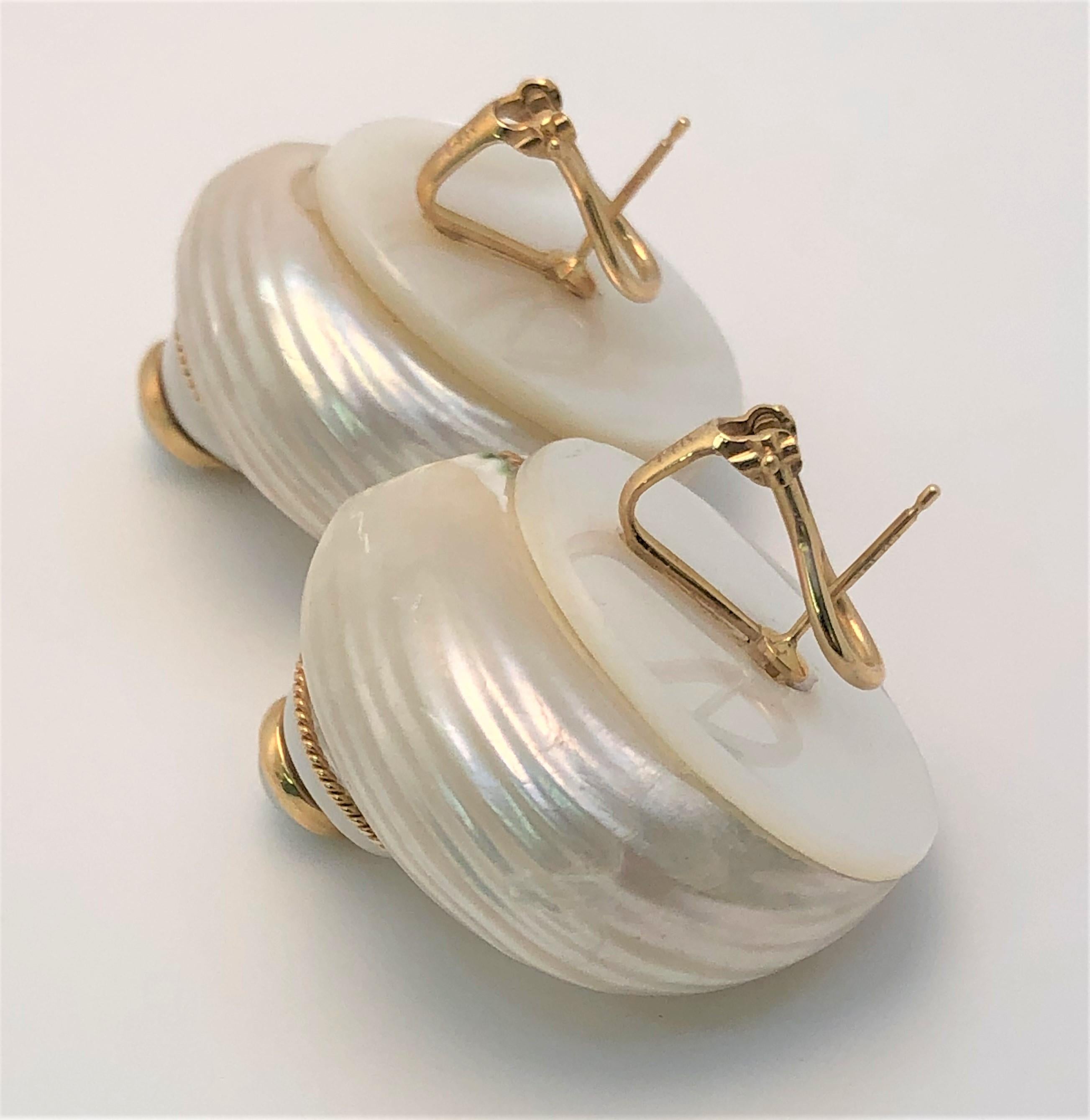 Round Cut 14 Karat Yellow Turbo Sea Shell Earrings