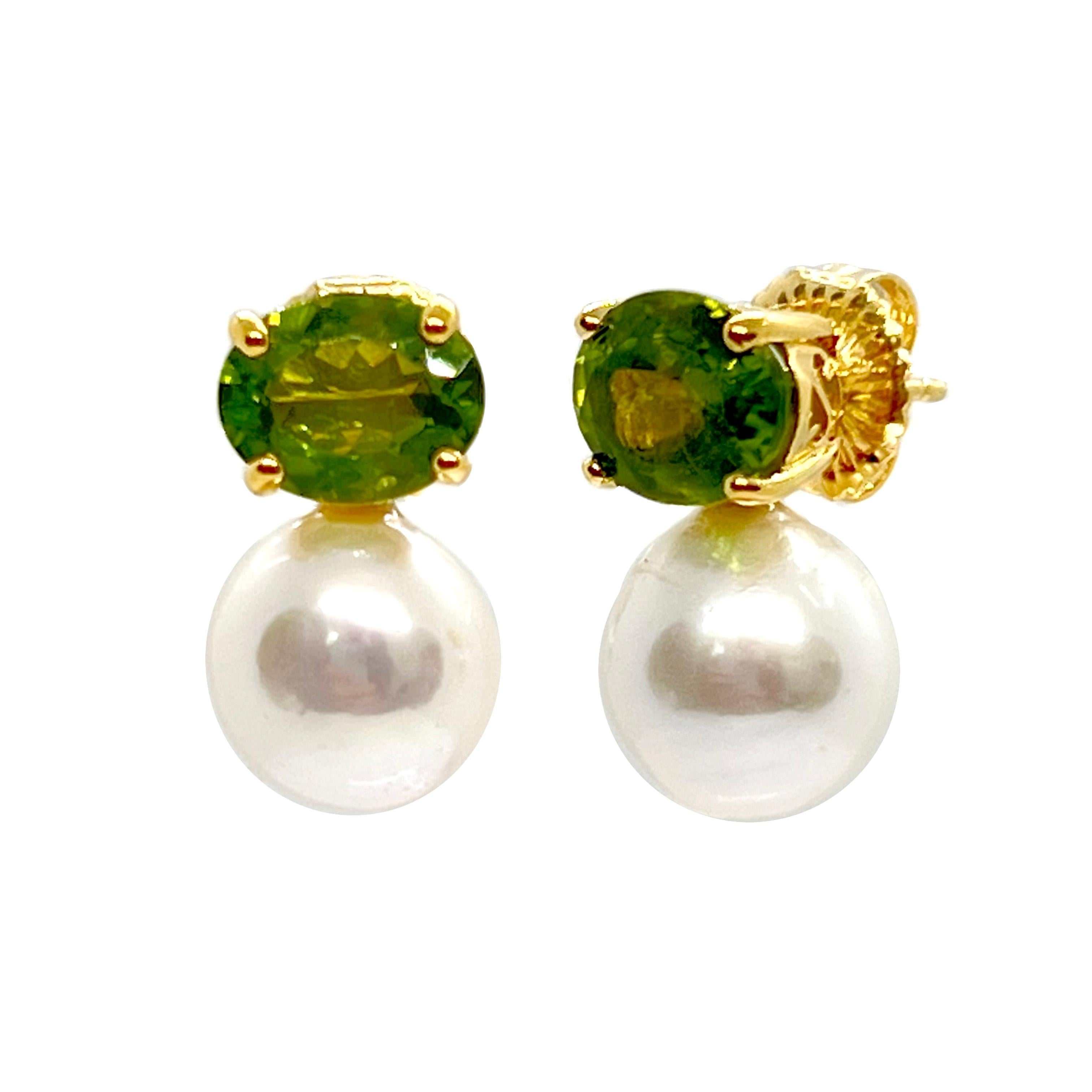 Contemporaneo 14kYG Peridot and Cultured Pearl Drop Earrings in vendita